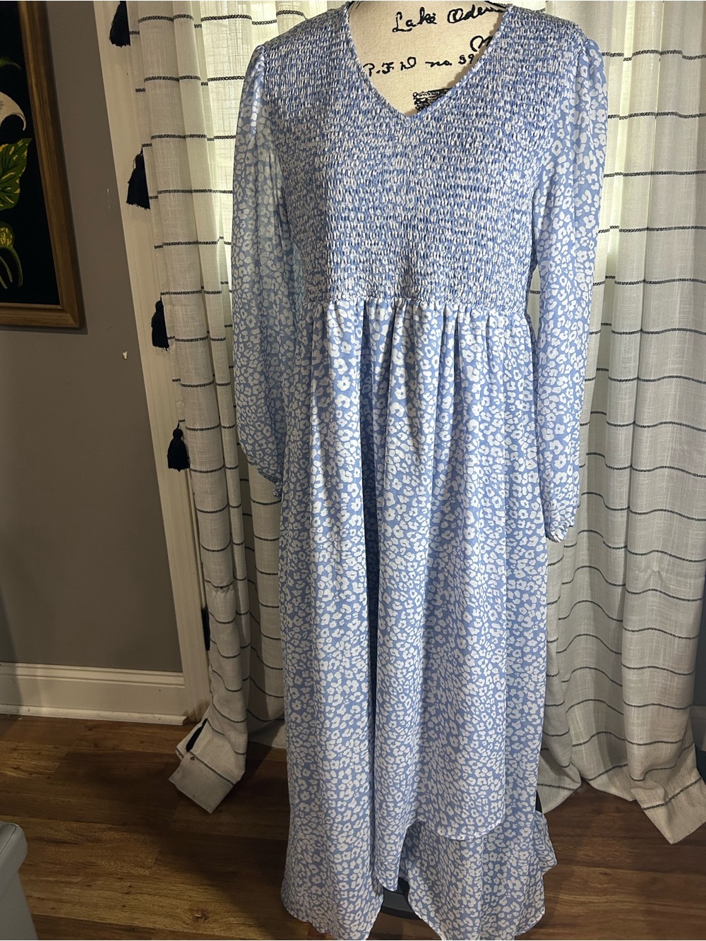 Light Blue Floral Smocked Maxi Dress - Women